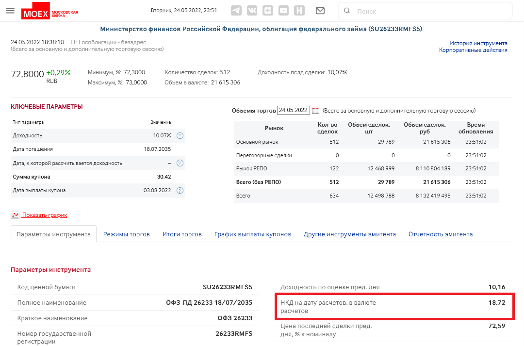 Где посмотреть НКД по облигации на сайте Мосбиржи