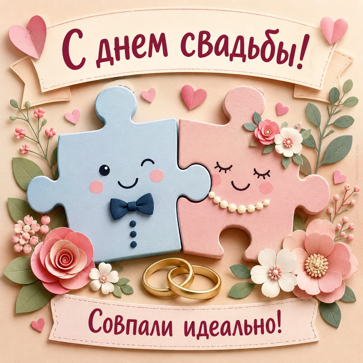 Веселая открытка с пазлами и надписью «С днем свадьбы! Совпали идеально!»