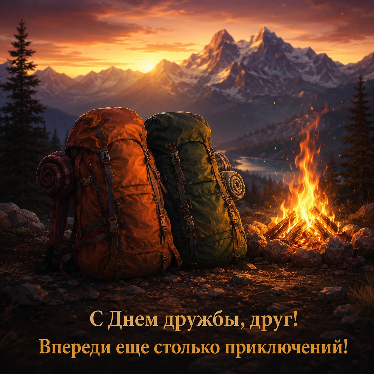 Открытка другу с рюкзаками в горах ко Дню дружбы