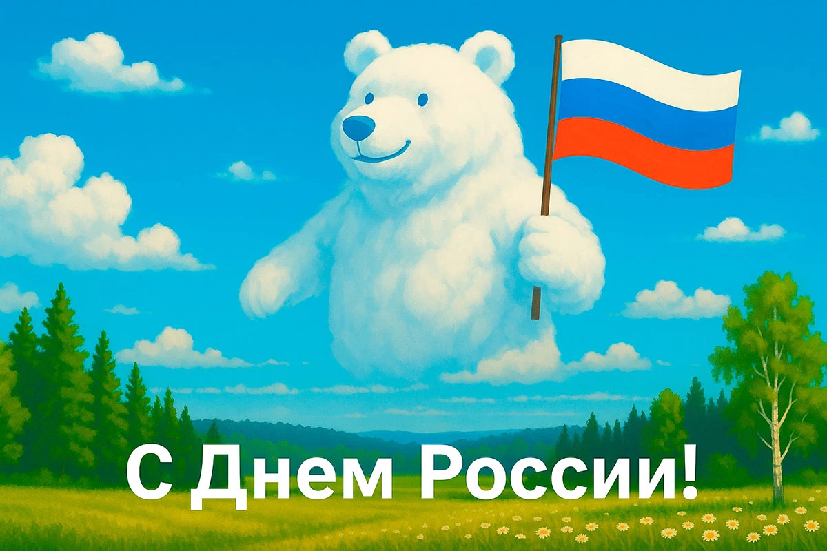 Медведь из белых облаков держит флаг России