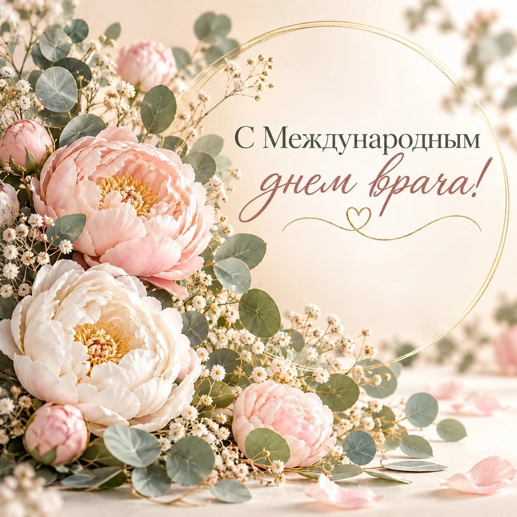 Красивая открытка к Международному дню врача женщине, с пионами