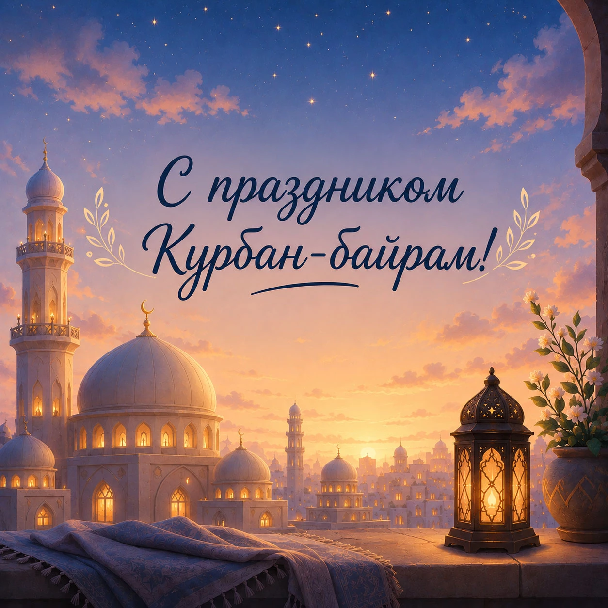 Поздравление с Курбан-байрамом в восточном стиле с вечерней мечетью и фонарем
