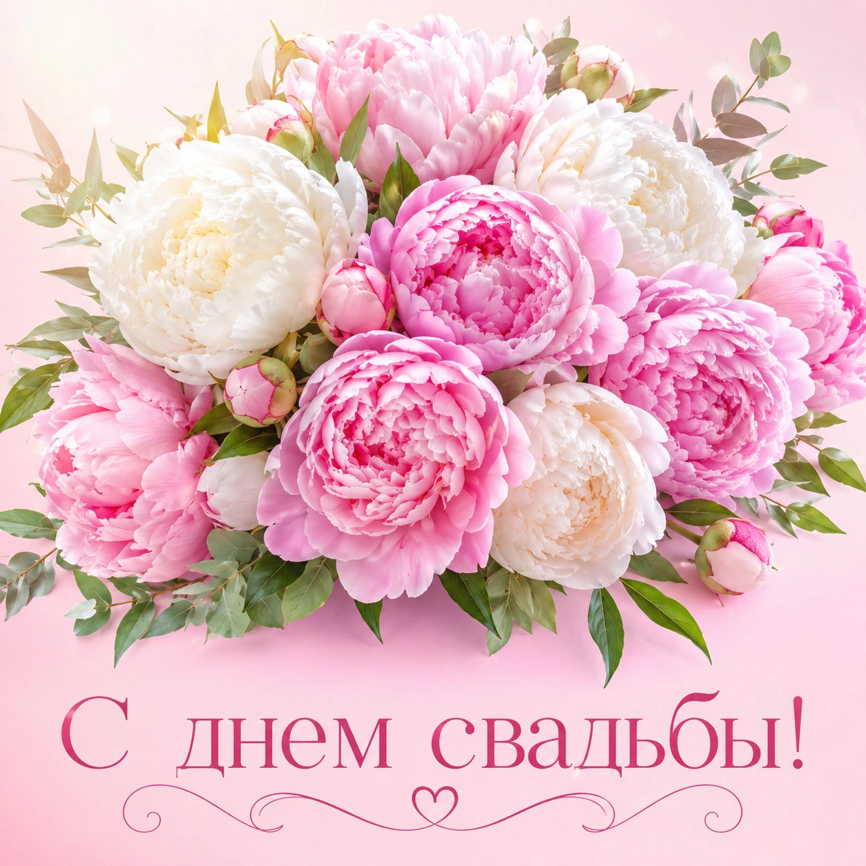 Романтичная открытка с букетом пионов и поздравлением с днем свадьбы