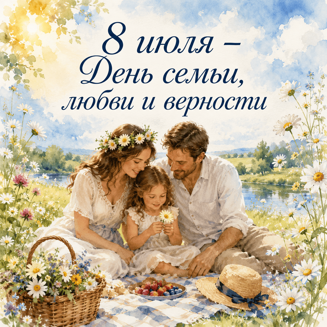 Красивая открытка с надписью «8 июля − День семьи, любви и верности»