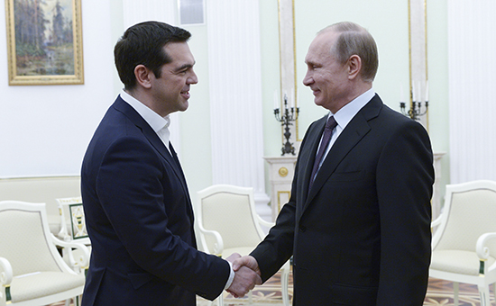 Премьер-министр Греции Алексис Ципрас и президент России Владимир Путин (слева направо) во время встречи в Кремле