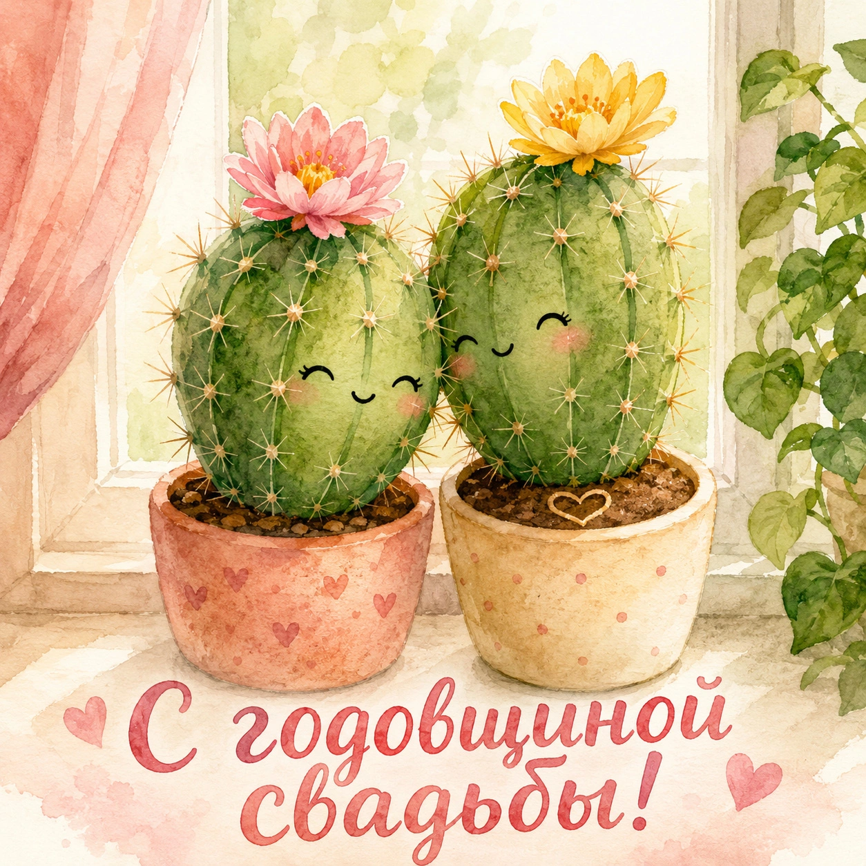 Прикольная открытка с кактусами в обнимку и надписью «С годовщиной свадьбы!»