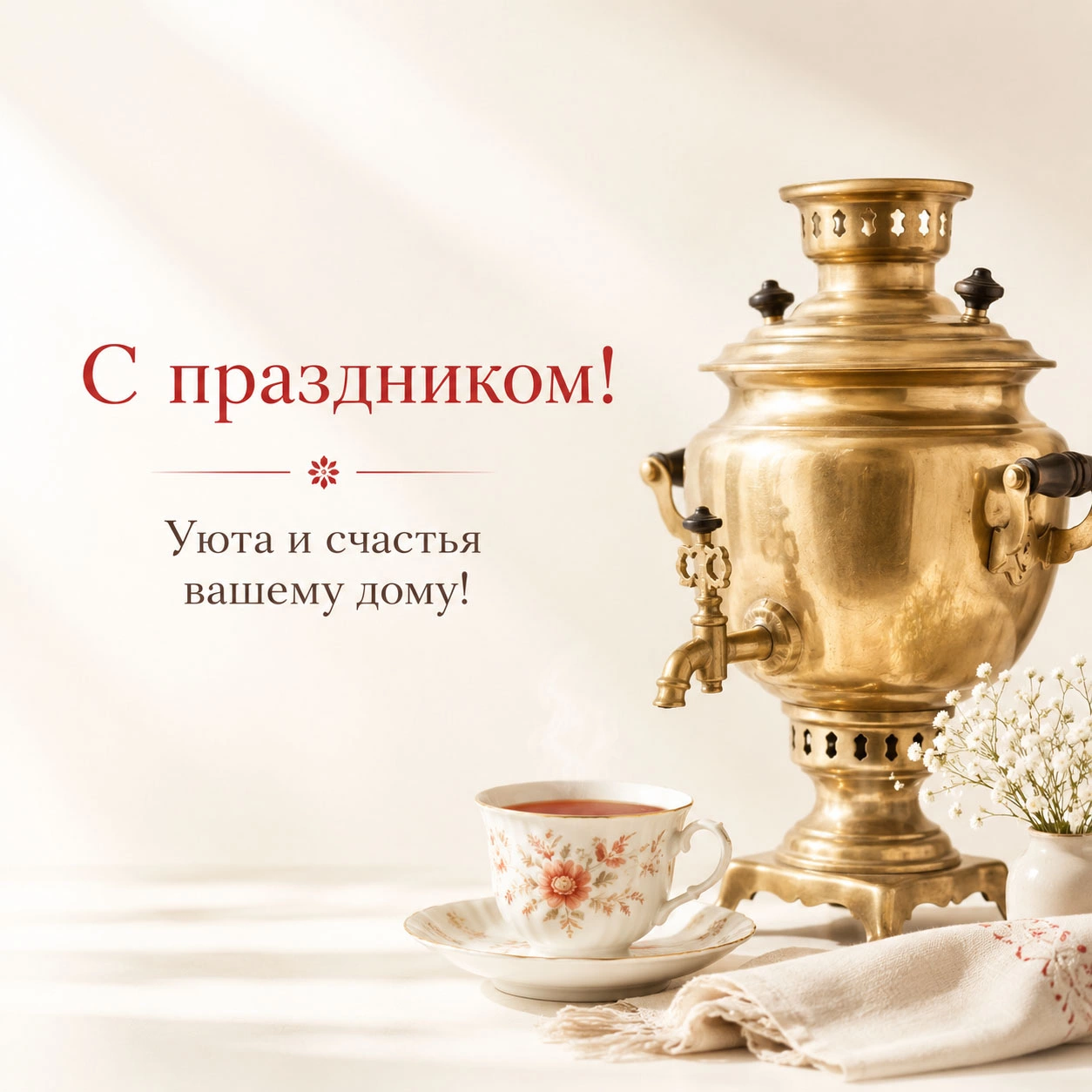 Открытка с самоваром и надписью «С праздником!»