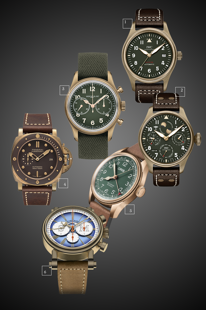 1) Pilot&#39;s Watch Automatic Spitfire, IWC
2) Big Pilot&#39;s Watch Perpetual Calendar Spitfire, IWC
3) Montblanc 1858 Automatic Chronograph, Montblanc
4) Submersible Bronzo 47 mm, Panerai
5) Big Crown Pointer Date 80th Anniversary Edition, Oris
6) London Chronograph Bronze, Speake-Marin