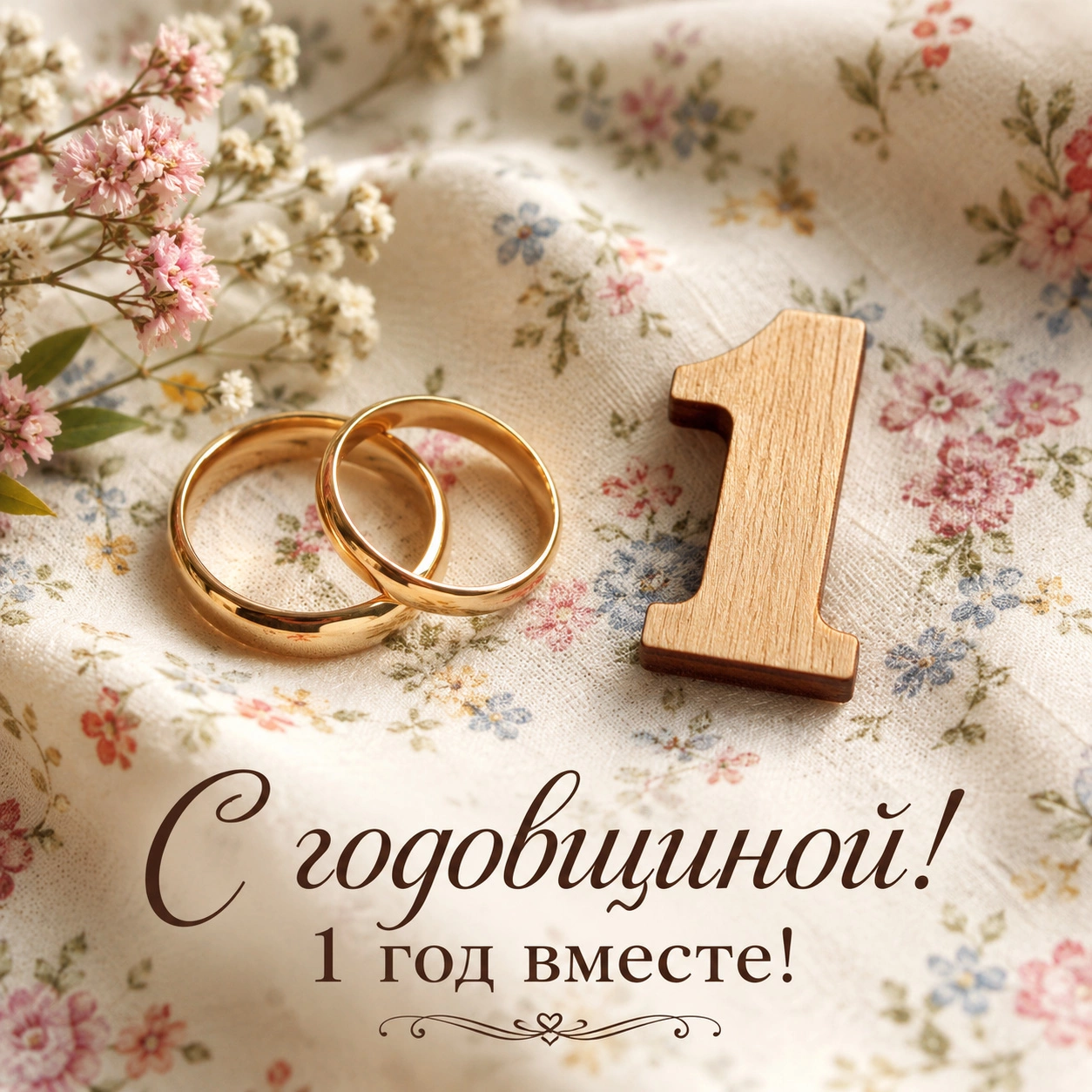 Открытка на 1 год свадьбы с надписью «С годовщиной! 1 год вместе!»