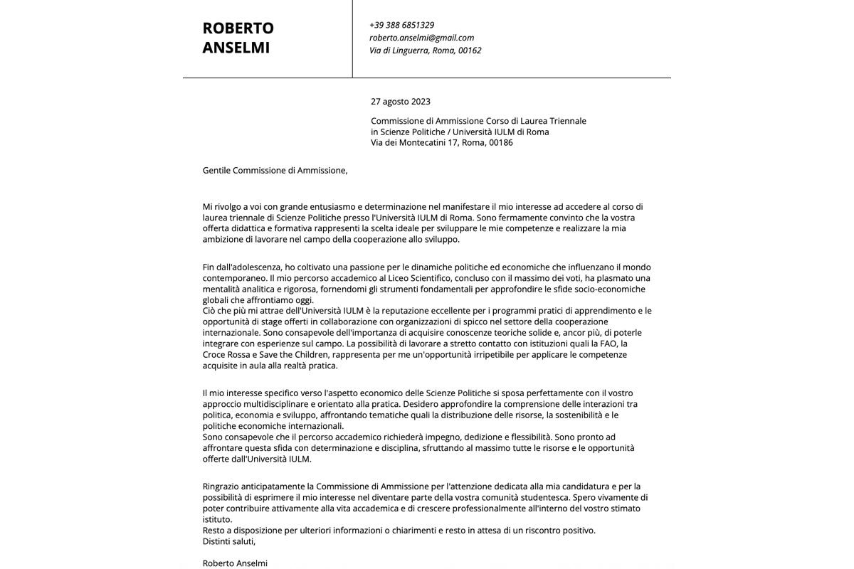 Мотивационное письмо для Università di Roma
