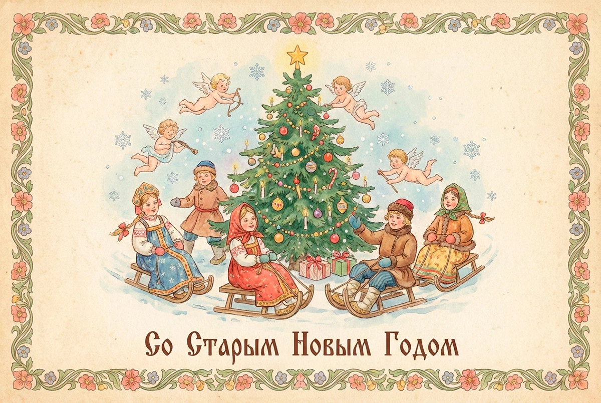 15 открыток на Старый Новый год — 2026: советские и в стиле ретро