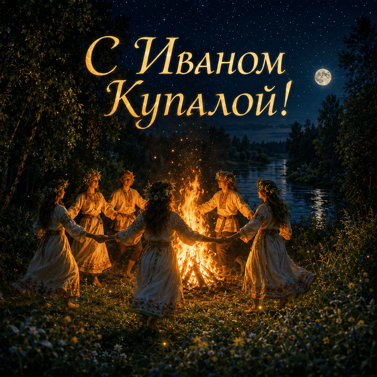Открытка с хороводом у костра и надписью «С Иваном Купалой!»
