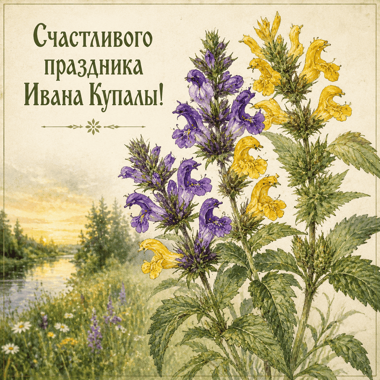 Открытка с иван-да-марьей и надписью «Счастливого праздника Ивана Купалы!»