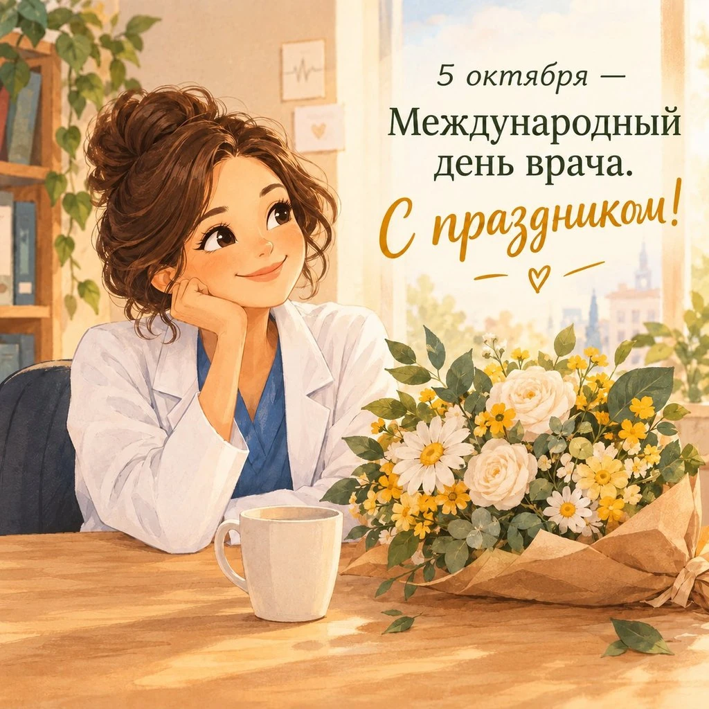 Открытка женщине с надписью «5 октября — Международный день врача! С праздником!»