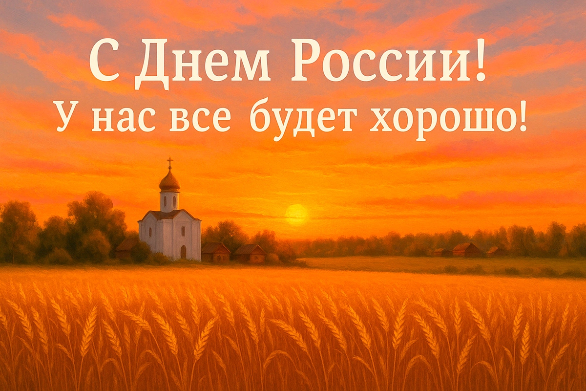 Открытка с пшеничным полем и православной церковью