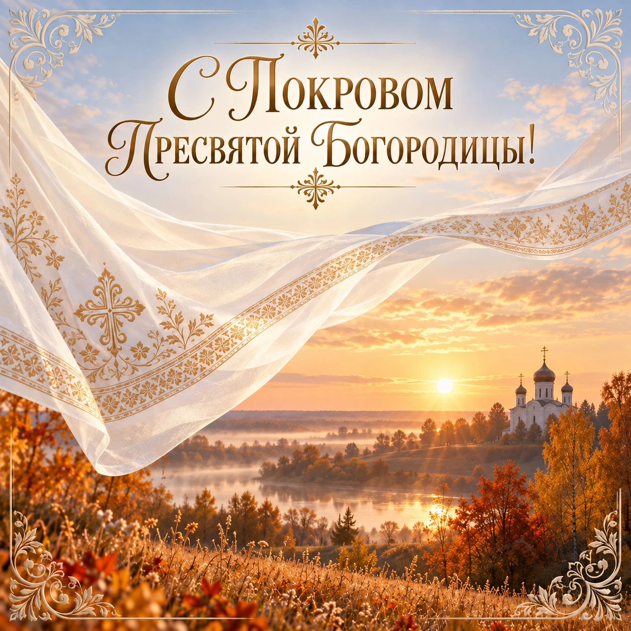Открытка с Покровом Пресвятой Богородицы с храмом