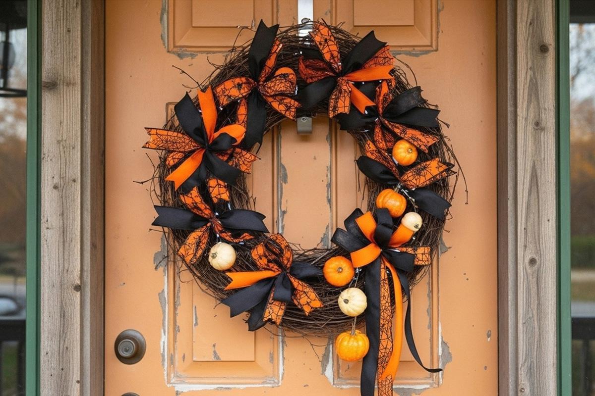 В качестве украшения для венка принято использовать черные и фиолетовые ленты, осенние листья, кости и черепа