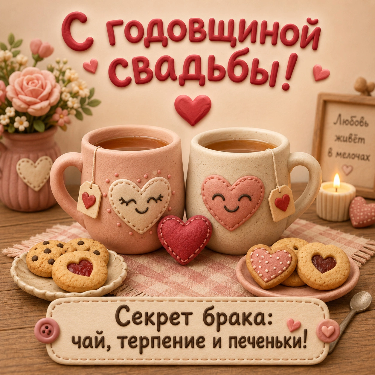 Прикольная открытка с поздравлением с годовщиной свадьбы и надписью «Секрет брака: чай, терпение и печеньки»