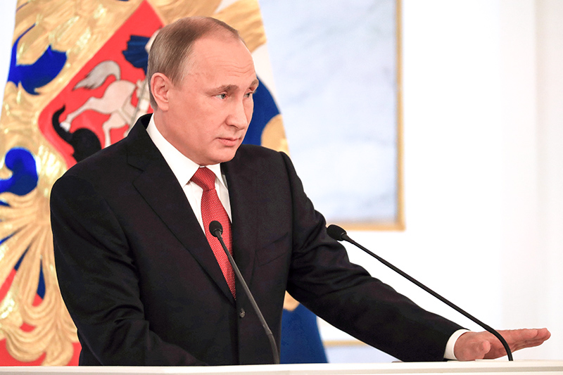 Президент России Владимир Путин во время выступления с ежегодным Посланием к Федеральному собранию России в Кремле


