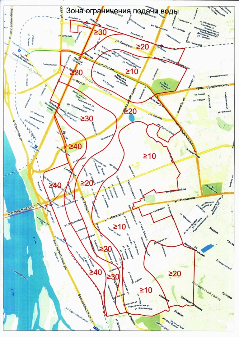 Участки с указанием предполагаемого напора воды обозначены на схеме (давления, равного 10 метрам водяного столба, достаточно для осуществления пожаротушения).