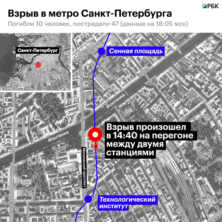 Минздрав сообщил о 10 погибших и 47 пострадавших при взрыве в метро