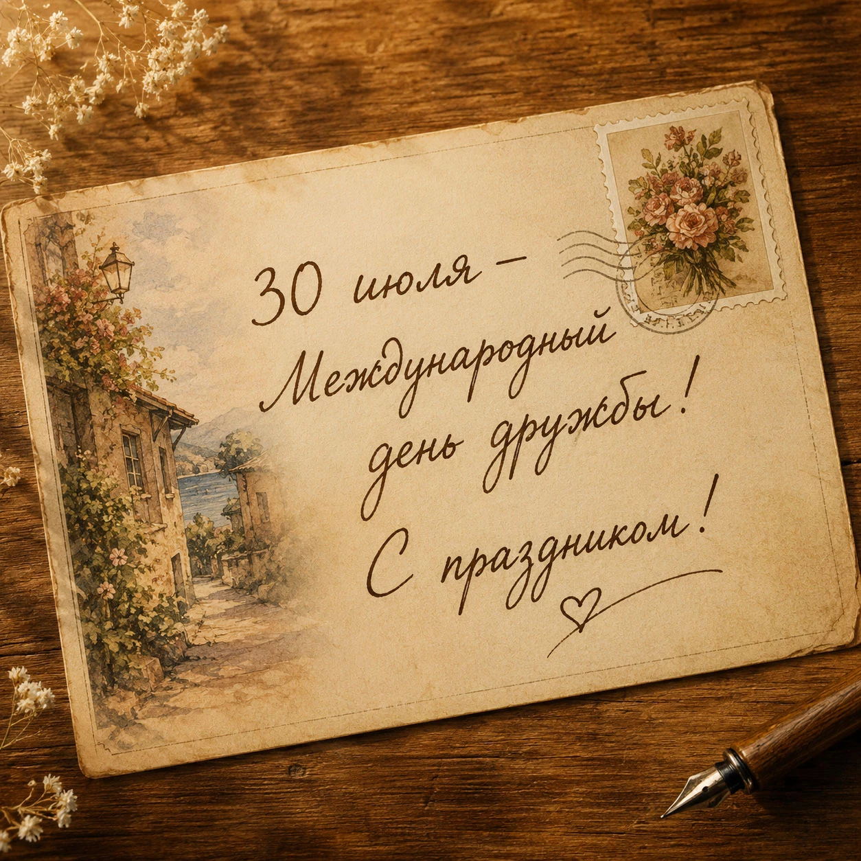 Винтажная открытка с надписью «30 июля — Международный день дружбы! С праздником!»
