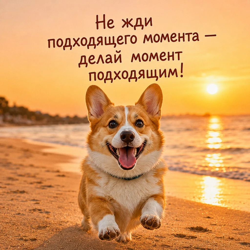 Прикольная открытка для поднятия настроения с корги на пляже
