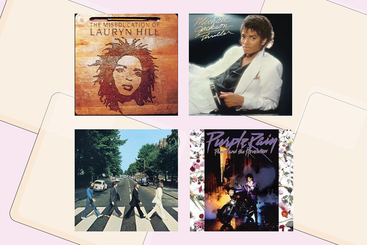 <p>На фото: обложки музыкальных альбомов&nbsp;The Miseducation of Lauryn Hill (Лорин Хилл), Thriller (Майкл Джексон), Abbey Road (The Beatles) и Purple Rain (Prince &amp; The Revolution)</p>