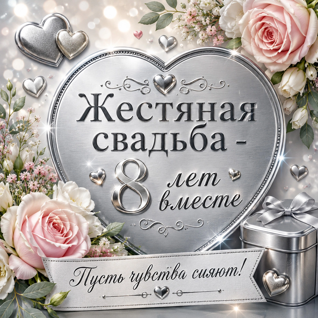 Открытка с цветами и поздравлением с жестяной свадьбой
