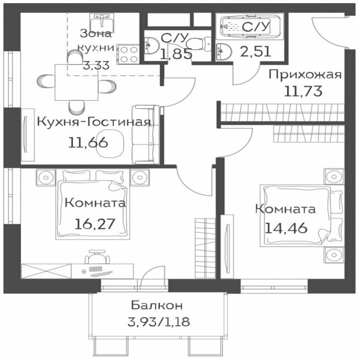 Распространенная планировка современной двухкомнатной квартиры