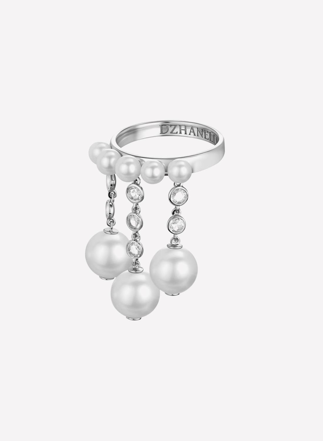 Кольцо, белое золото, жемчуг, кварц, лейкосапфиры, Dzhanelli