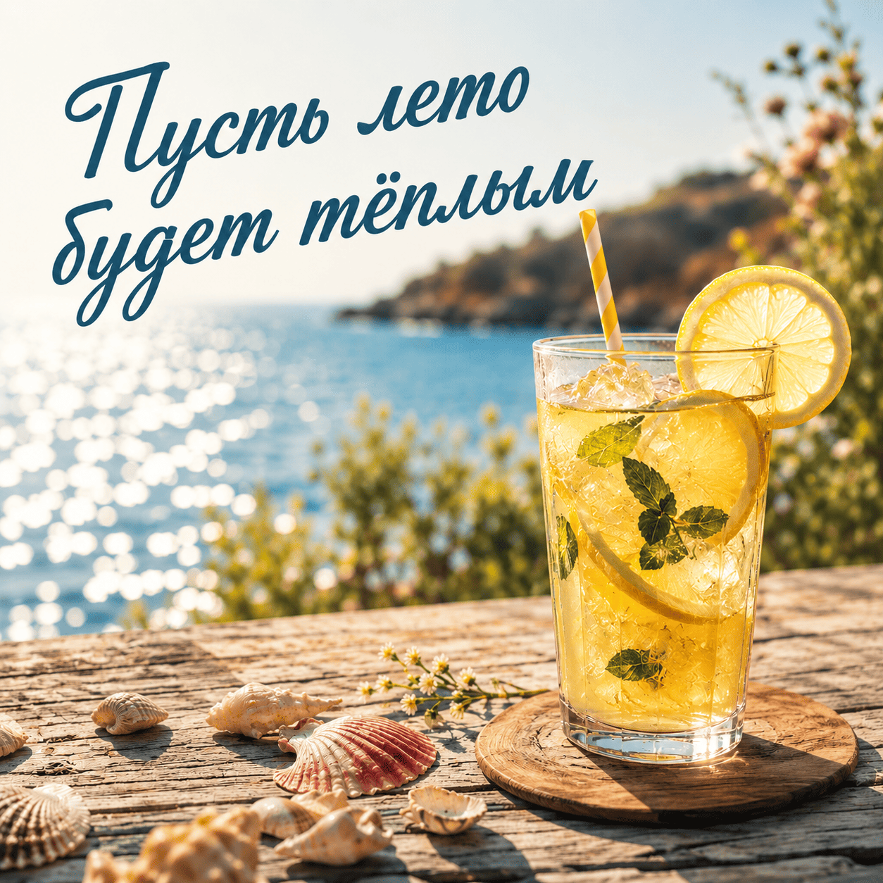 Летняя открытка с лимонадом и надписью «Пусть лето будет теплым»