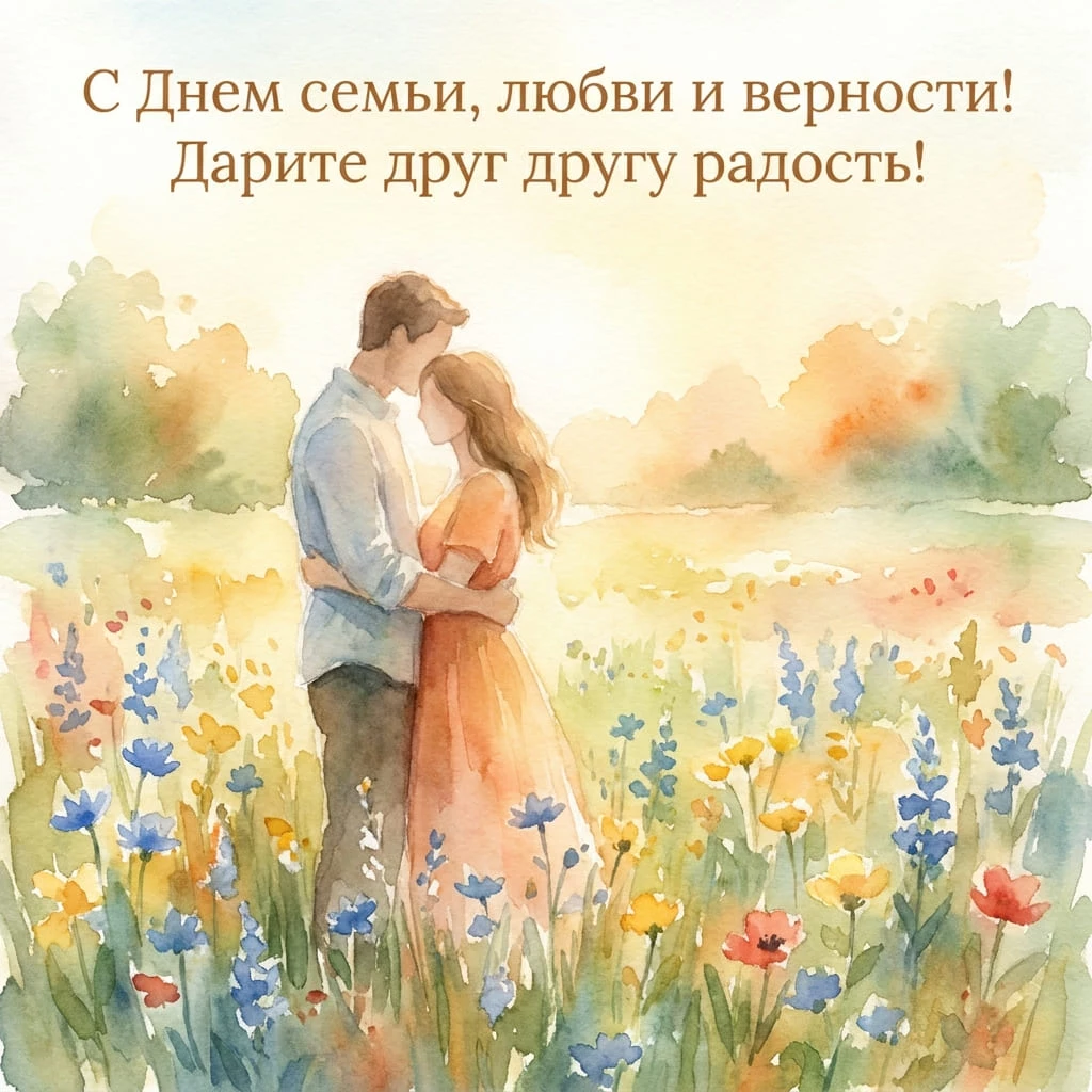 Красивая открытка с влюбленными и поздравлением с Днем семьи, любви и верности