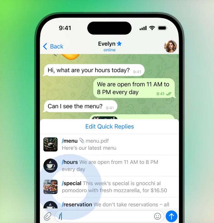 Меню быстрых ответов в Telegram