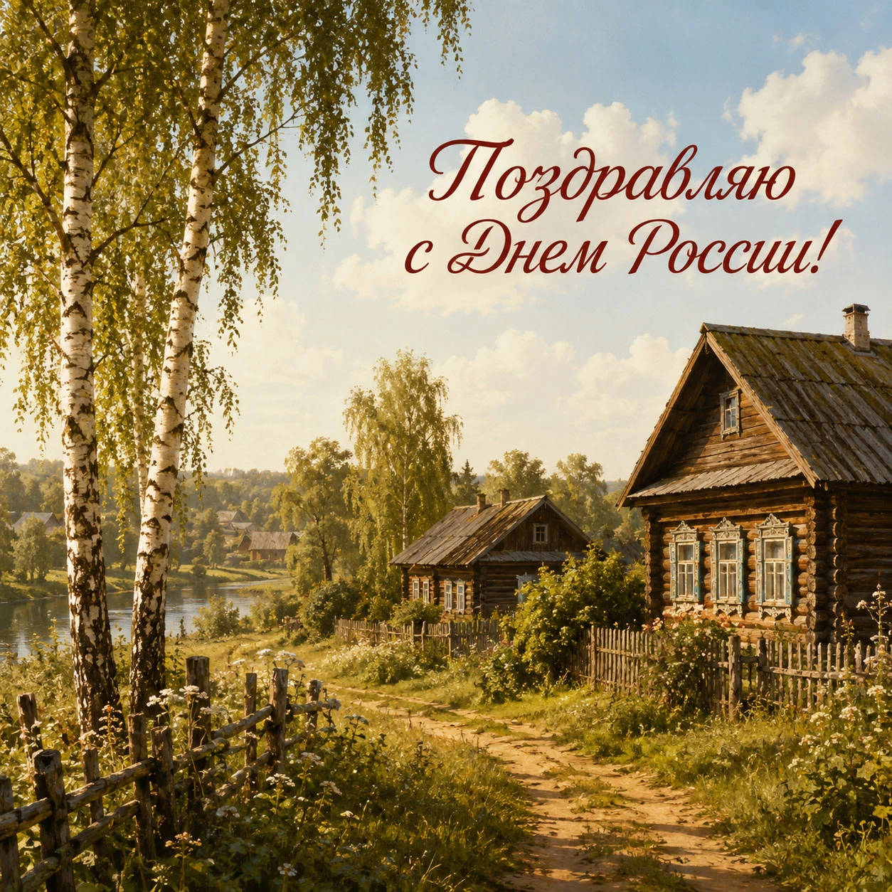 Деревенский пейзаж и надпись «Поздравляю с Днем России!»