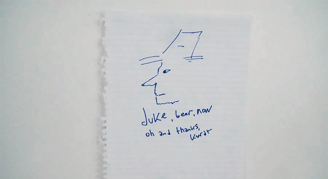 <p>Рисунок и записка Курта Кобейна с подписью &laquo;Курдт&raquo;</p>