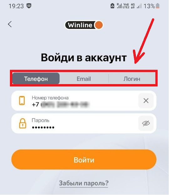 Форма авторизации в приложении. Благодаря вкладкам, выделенным красным цветом, можно переключаться между способами авторизации