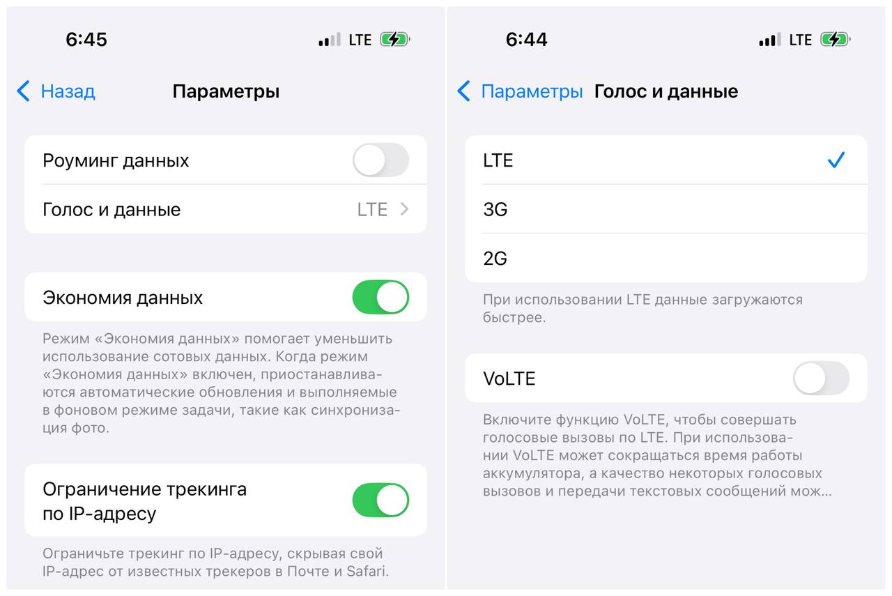 Выбор оптимальной сети во вкладке &laquo;Голос и данные&raquo;, а отключить &laquo;Экономию данных&raquo; можно во вкладке &laquo;Параметры&raquo;