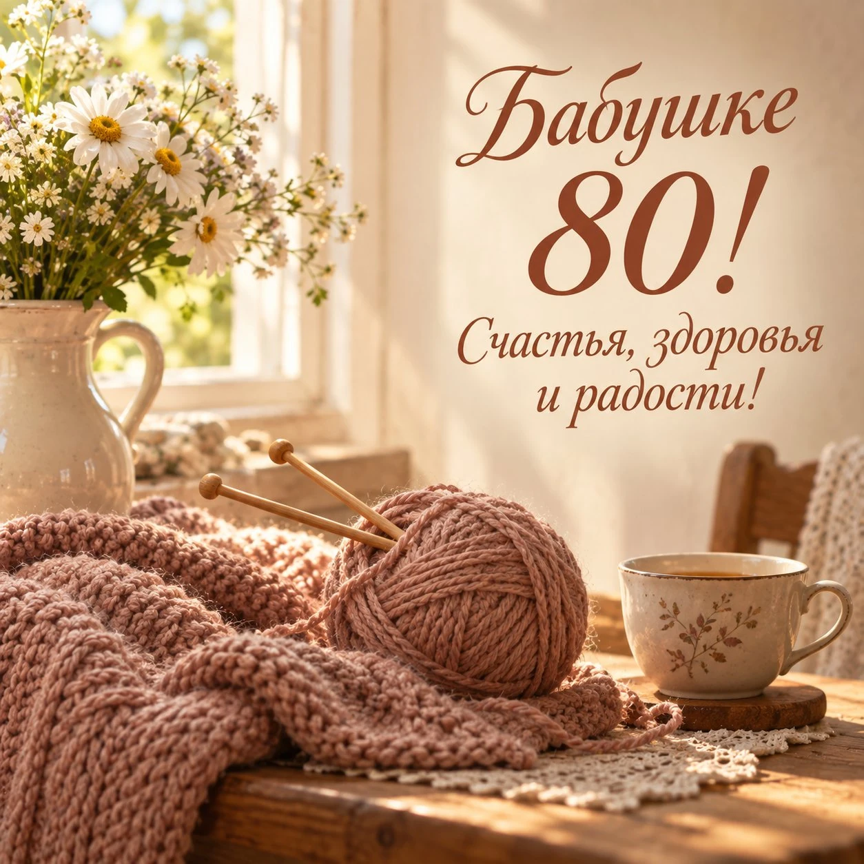 Нежная открытка с надписью «Бабушке 80! Счастья, здоровья и радости!»