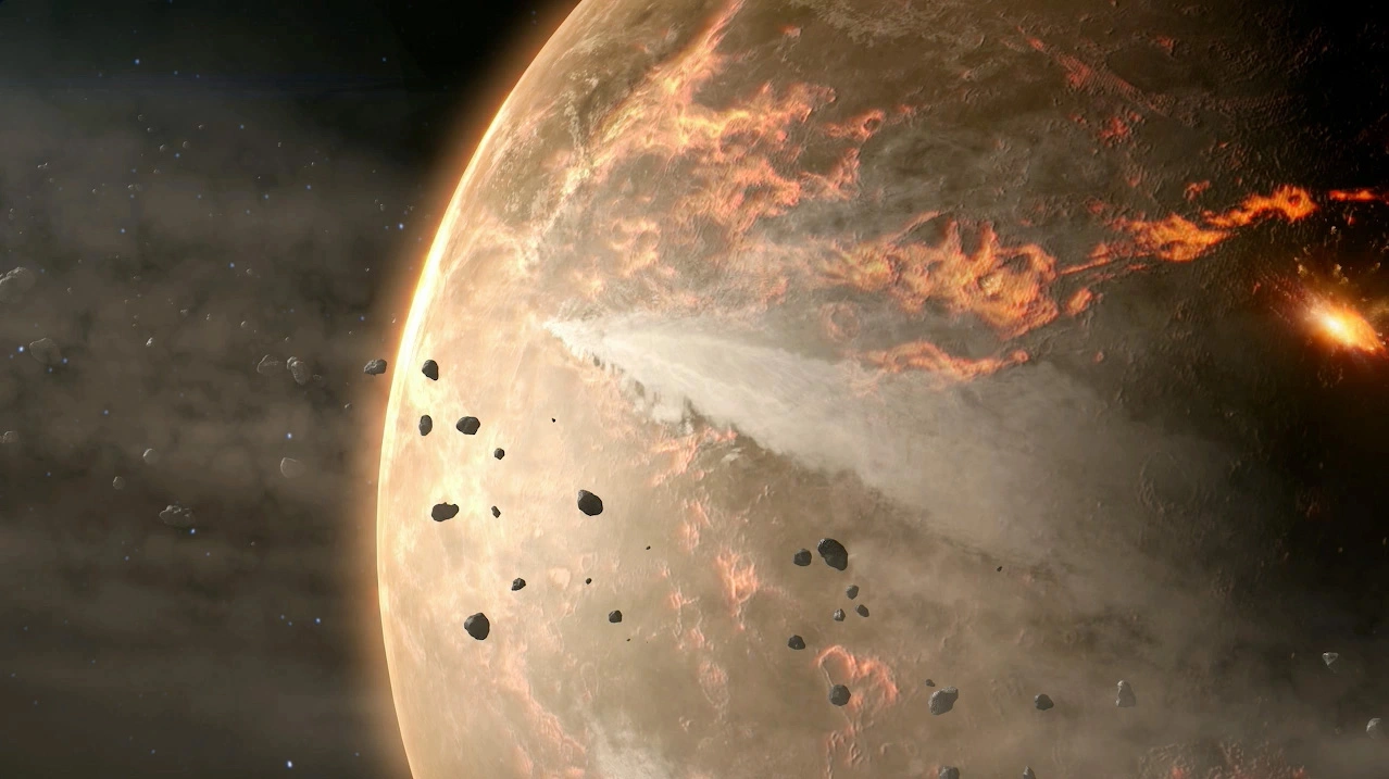 <p>Астероиды, падающие на планету, на ранней стадии ее существования. Художественная концепция</p>