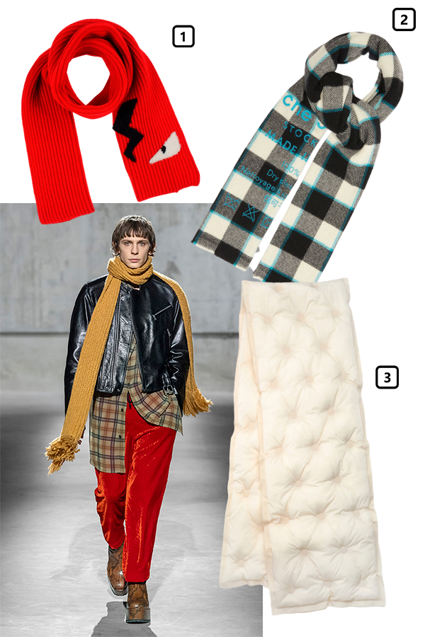 Dries Van Noten, осень-зима 2020/21

1)&nbsp;Шарф Fendi, 22 500 руб. (yoox.com)

2)&nbsp;Шарф Acne Studios, 14 500 руб. (matchesfashion.com)

3)&nbsp;Шарф Maison Margiela, 56 700 руб. (SVMoscow)