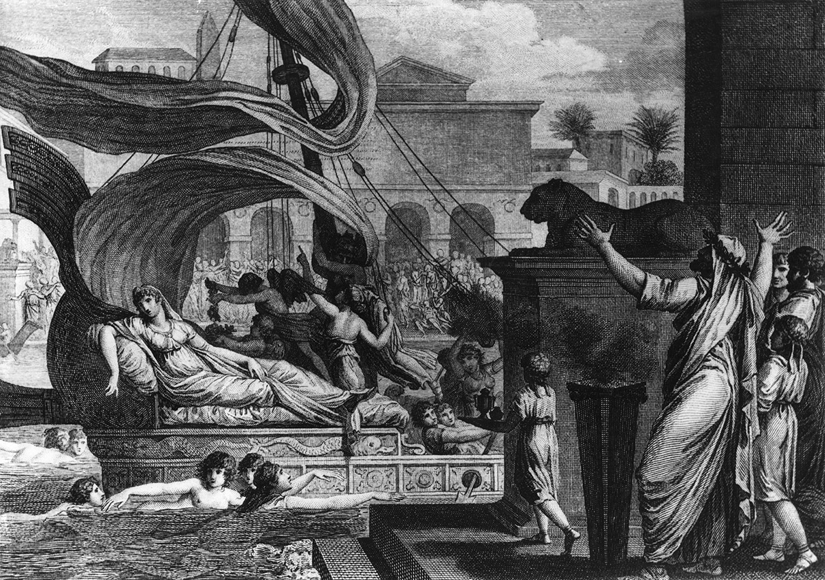 Клеопатра құлдардың аузына тығылып жатқан бейне