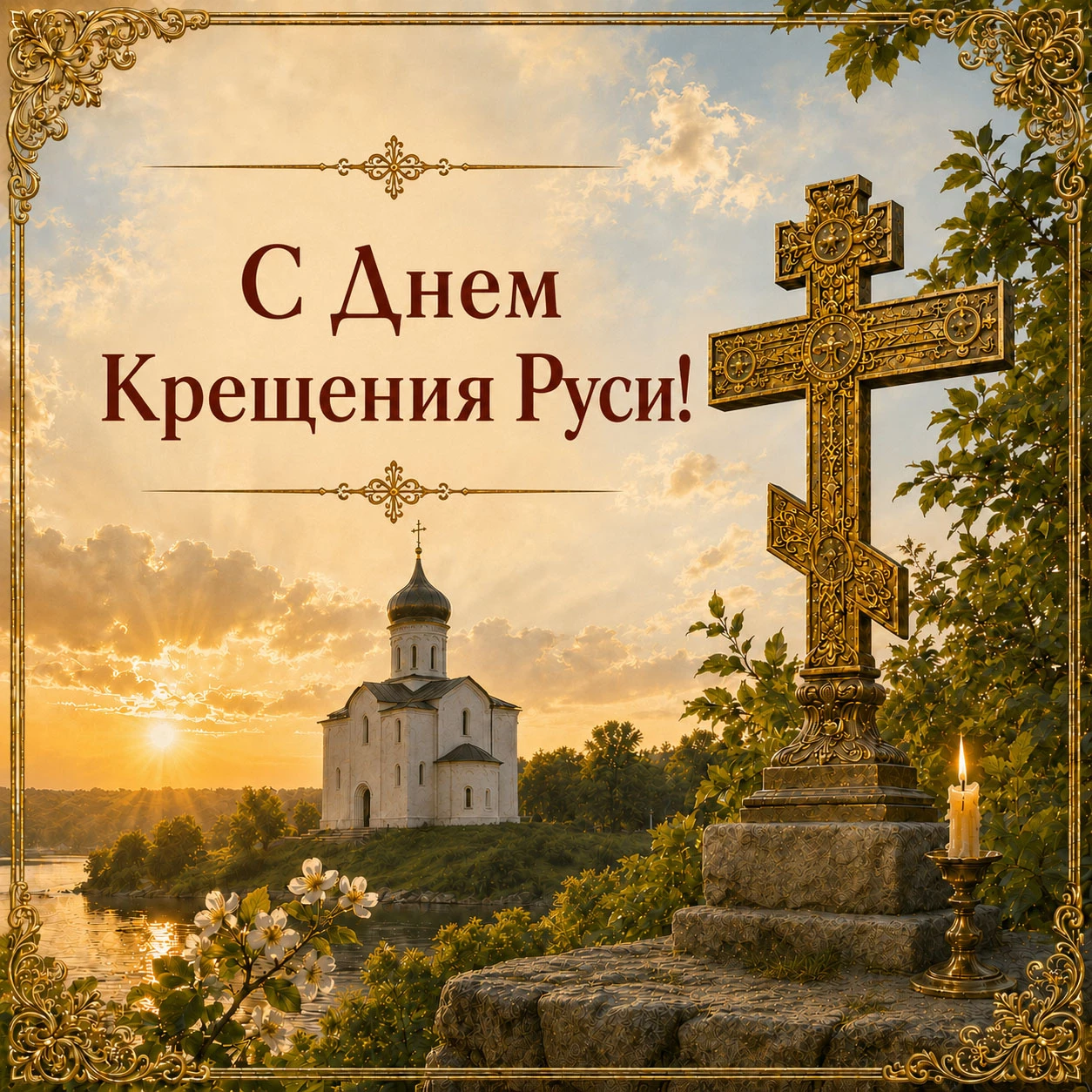 Православная открытка с Днем Крещения Руси с храмом и крестом