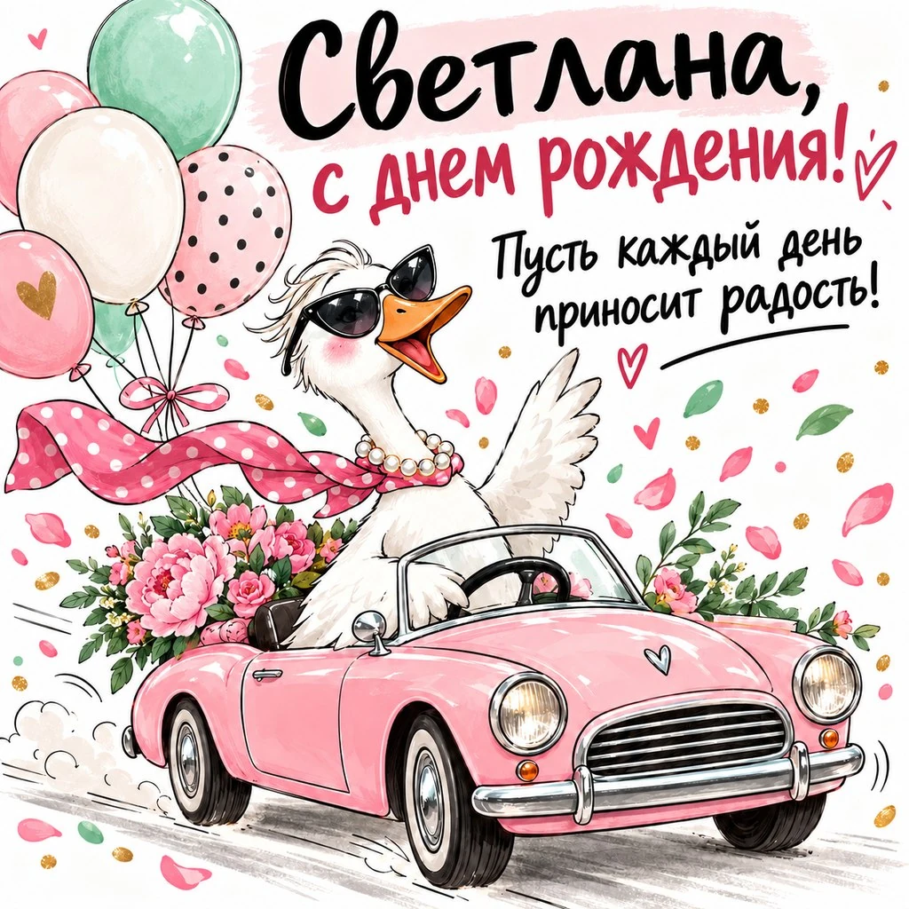 Прикольная открытка с днем рождения Светлане с пожеланием «Пусть каждый день приносит радость!»