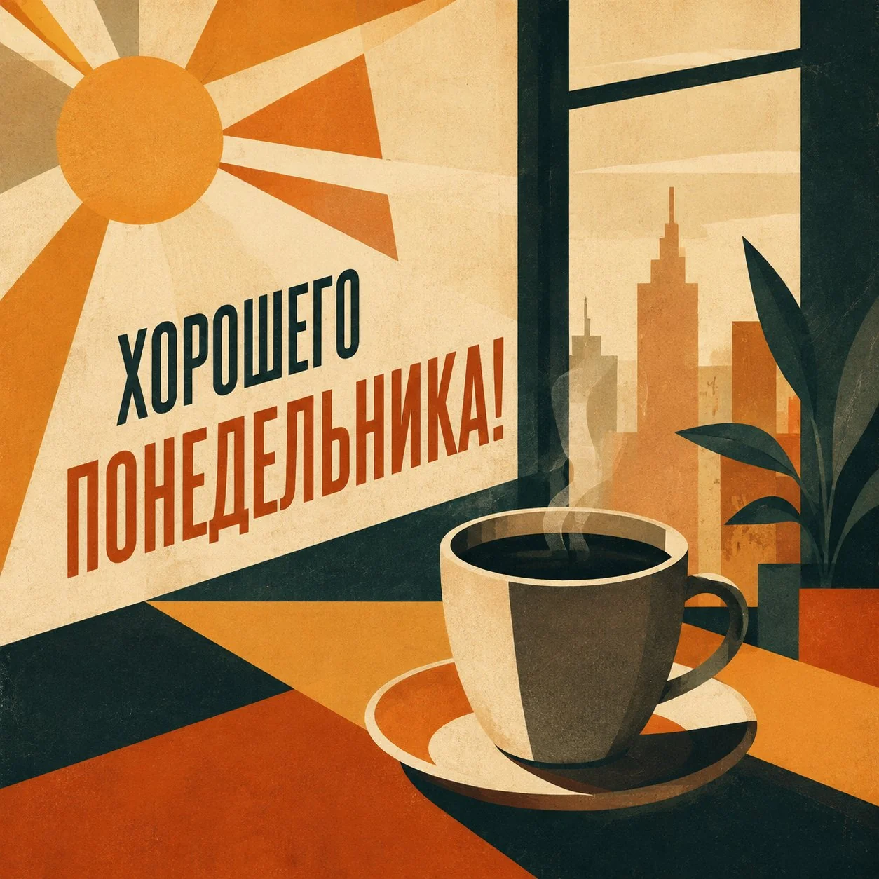 Открытка с кофе у окна и пожеланием хорошего понедельника