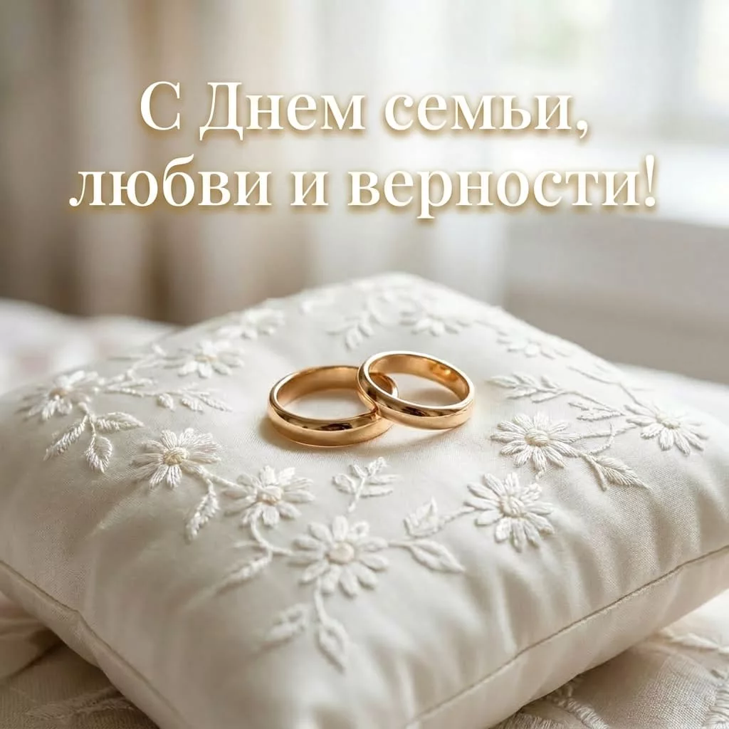 Красивая открытка с обручальными кольцами на шелковой подушечке с вышитыми ромашками и надписью «С Днем семьи, любви и верности!»