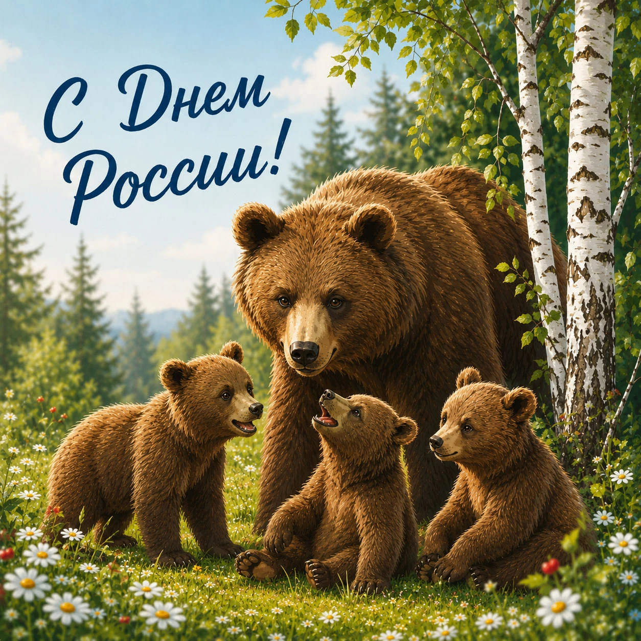 Медведица с медвежатами и надпись «С Днем России!»