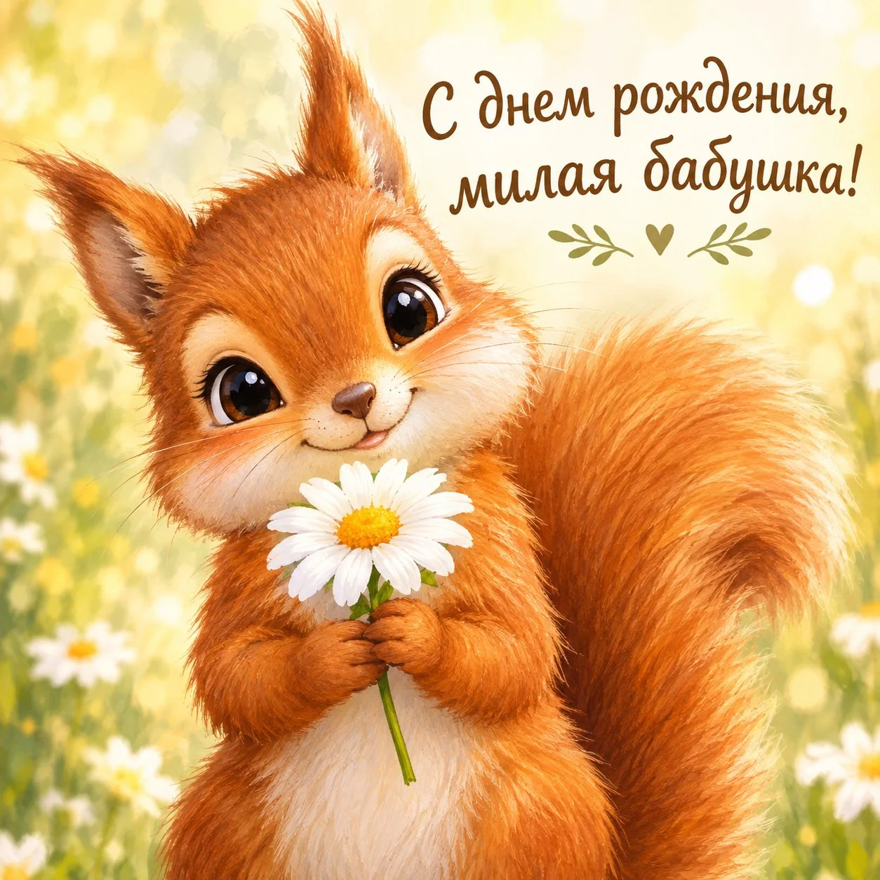 Красивая открытка с днем рождения бабушке с бельчонком
