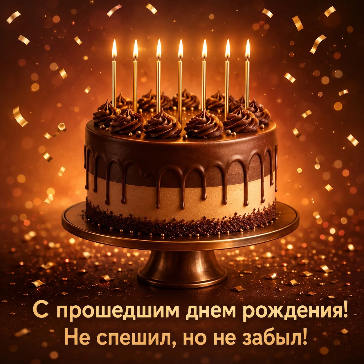 Открытка с прошедшим днем рождения мужчине с надписью «Не спешил, но не забыл!»