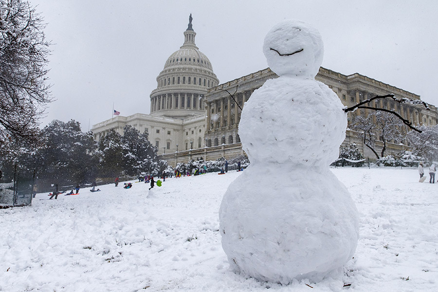 Снеговик на фоне Капитолия в Вашингтоне